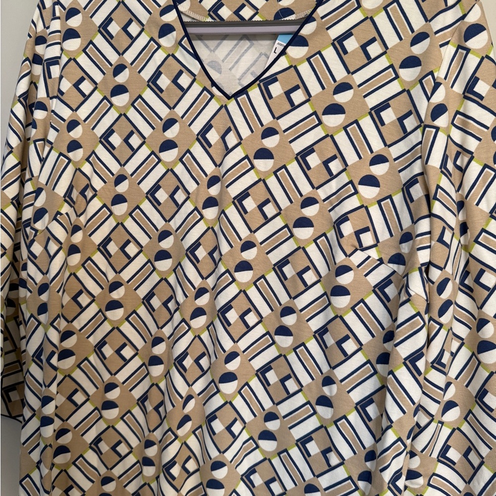 J. McLaughlin Beige and Navy Geometric Blouse